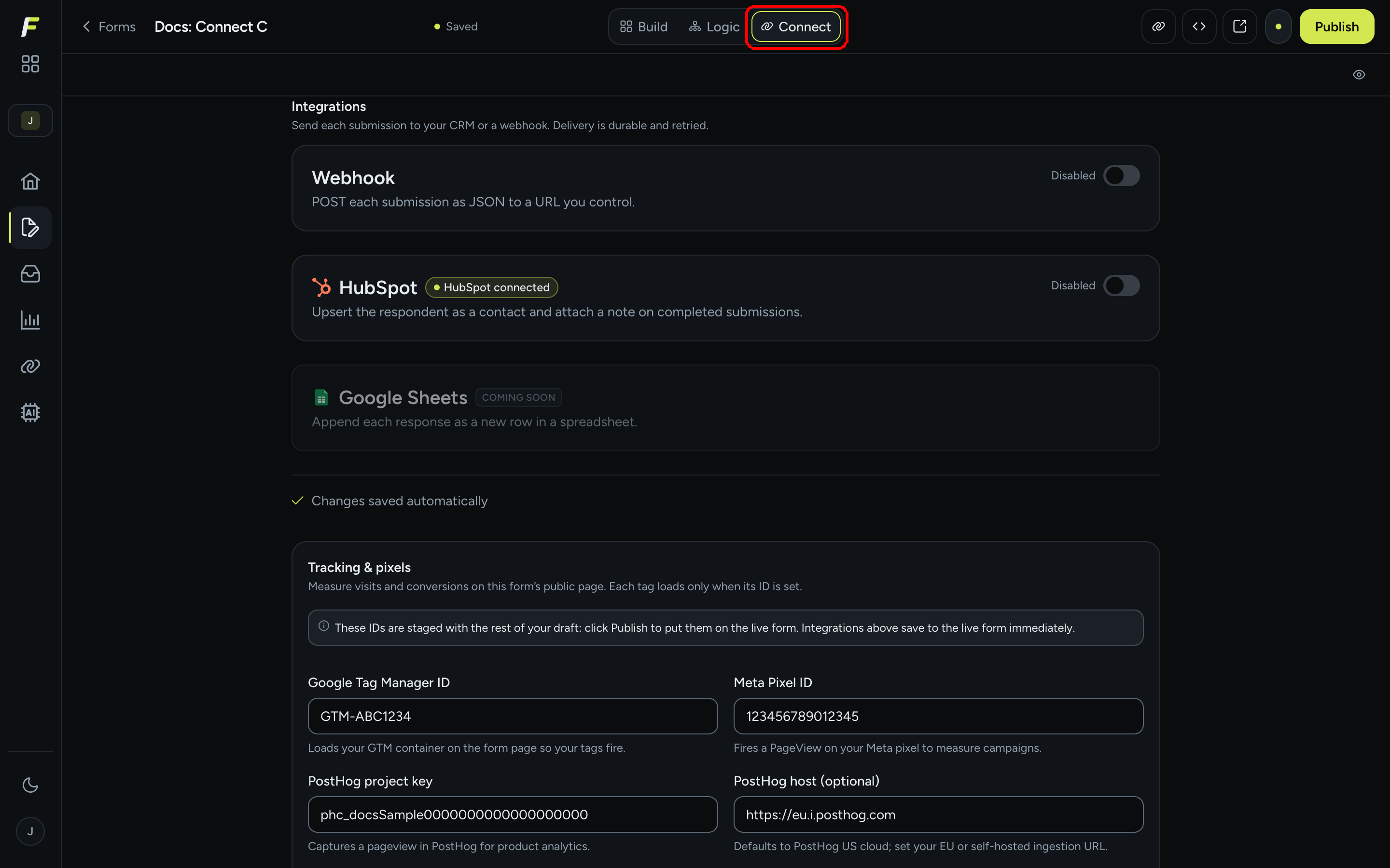 The Connect tab of the form editor showing the Integrations cards and the start of the Tracking and pixels section