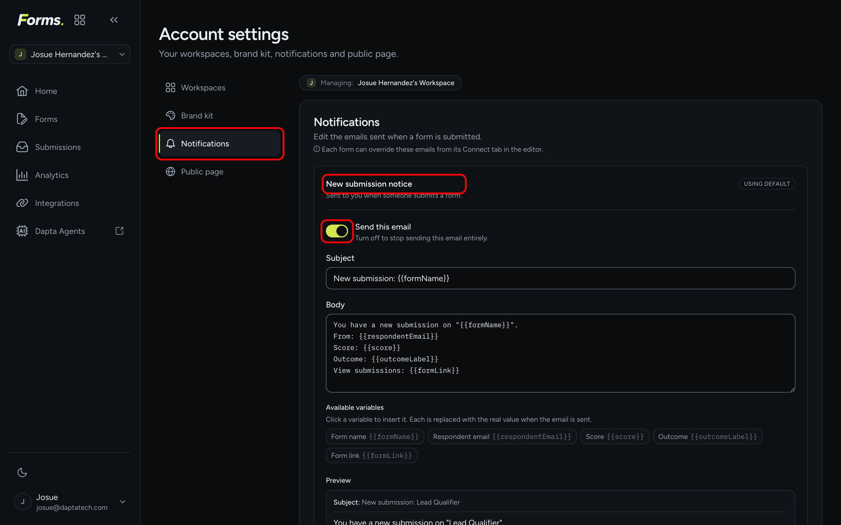 The Notifications tab of Account settings showing the New submission notice card with its Send this email switch, Subject and Body