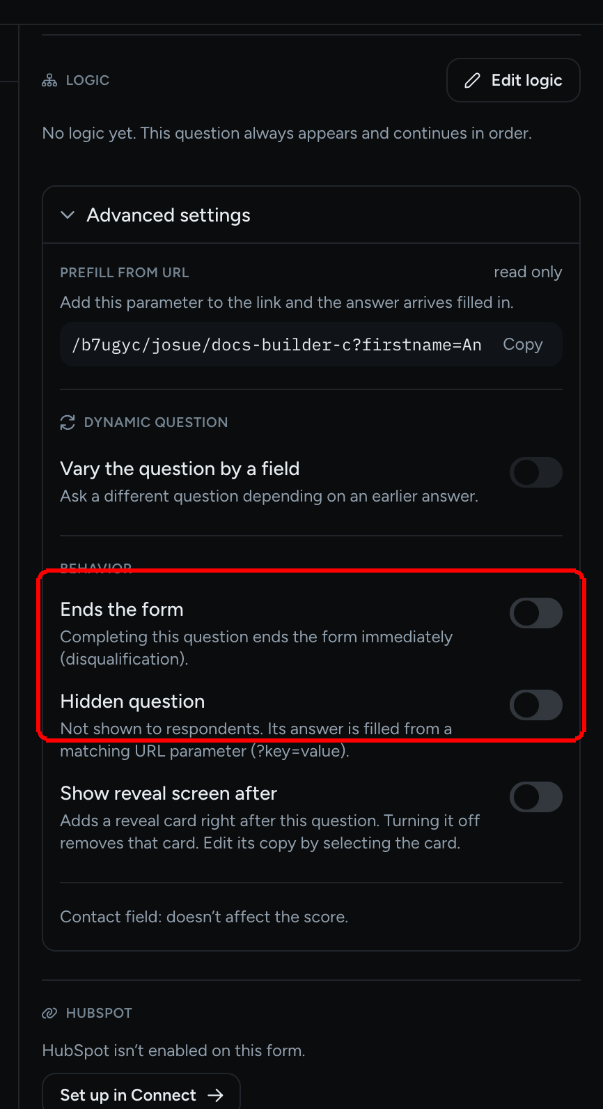 The Behavior switches: Ends the form, Hidden question and Show reveal screen after