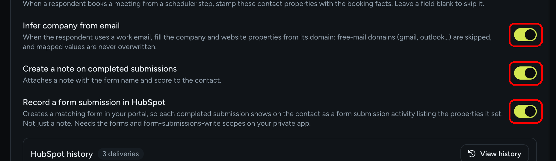 The Infer company from email, Create a note on completed submissions and Record a form submission in HubSpot switches, all on