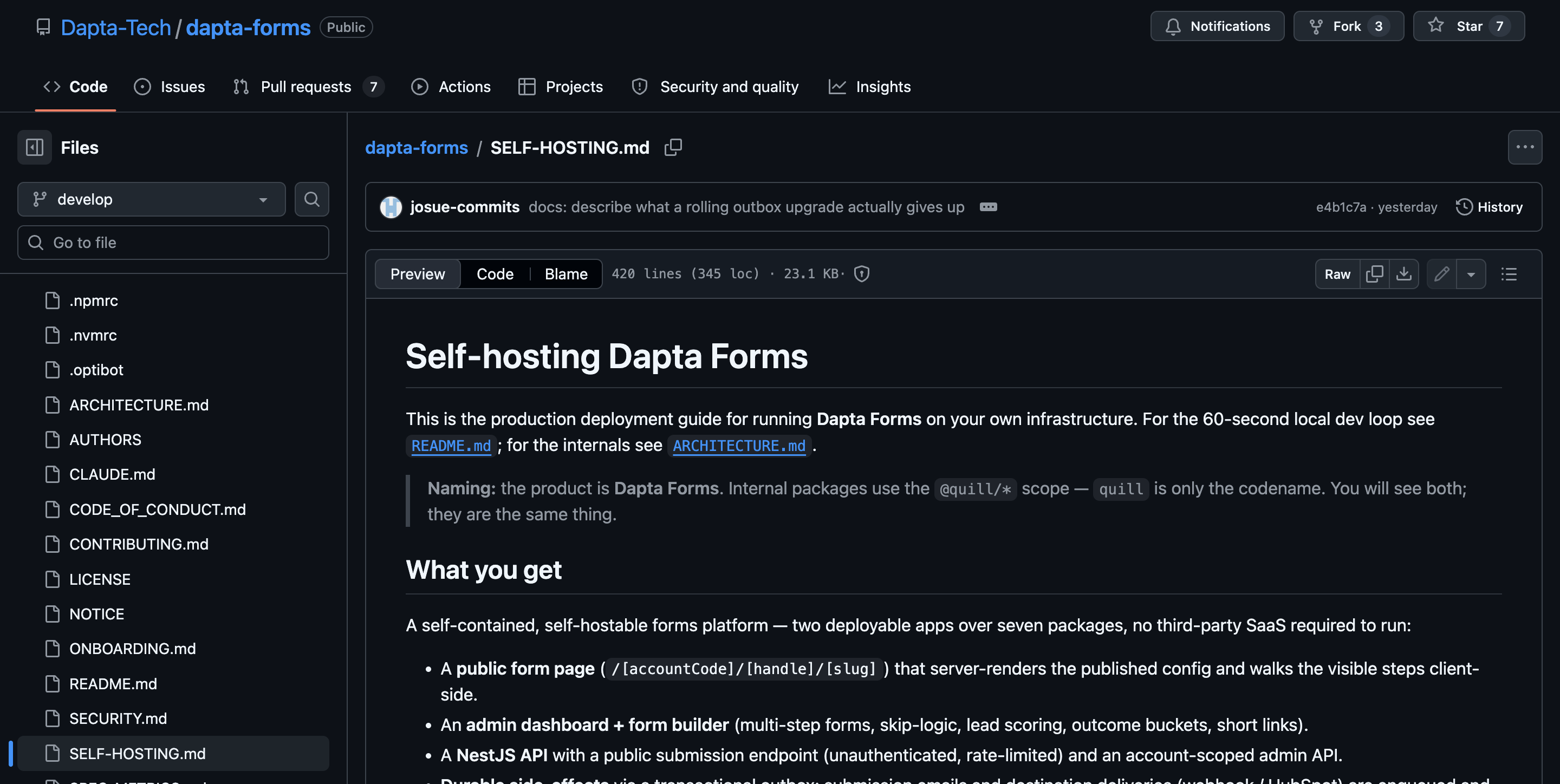 The SELF-HOSTING.md production guide rendered on GitHub inside the dapta-forms repository