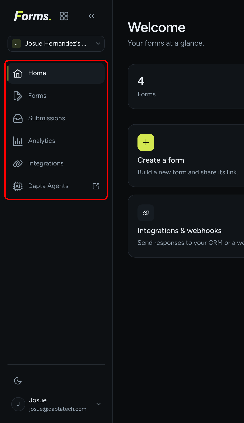 The left menu with the six entries Home, Forms, Submissions, Analytics, Integrations and Dapta Agents highlighted