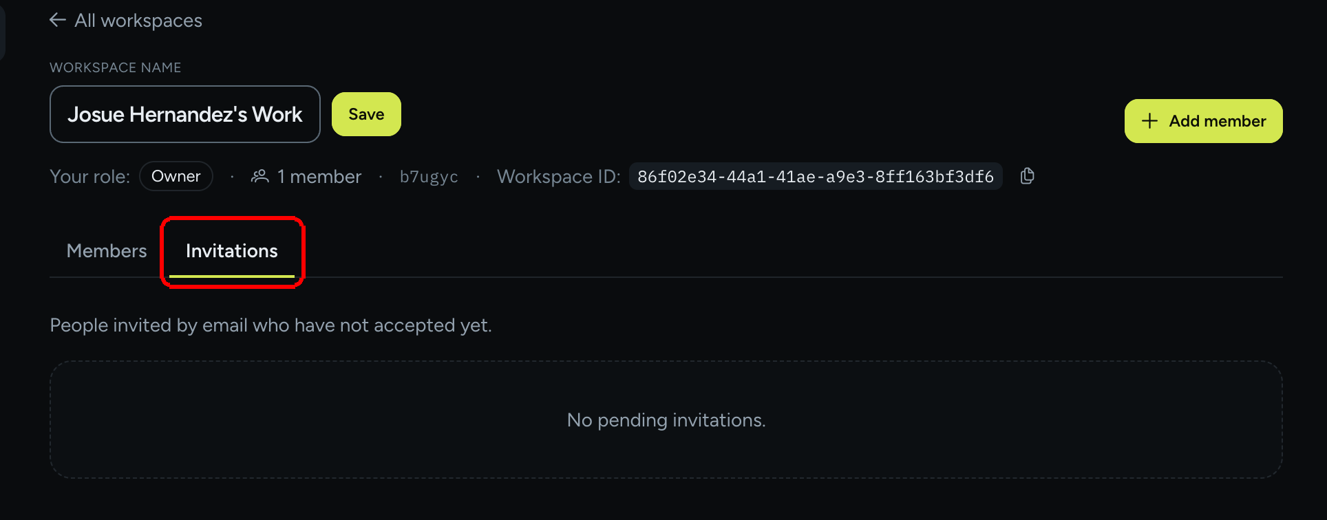 A workspace page on the Invitations tab, showing the subtitle People invited by email who have not accepted yet and the empty state No pending invitations