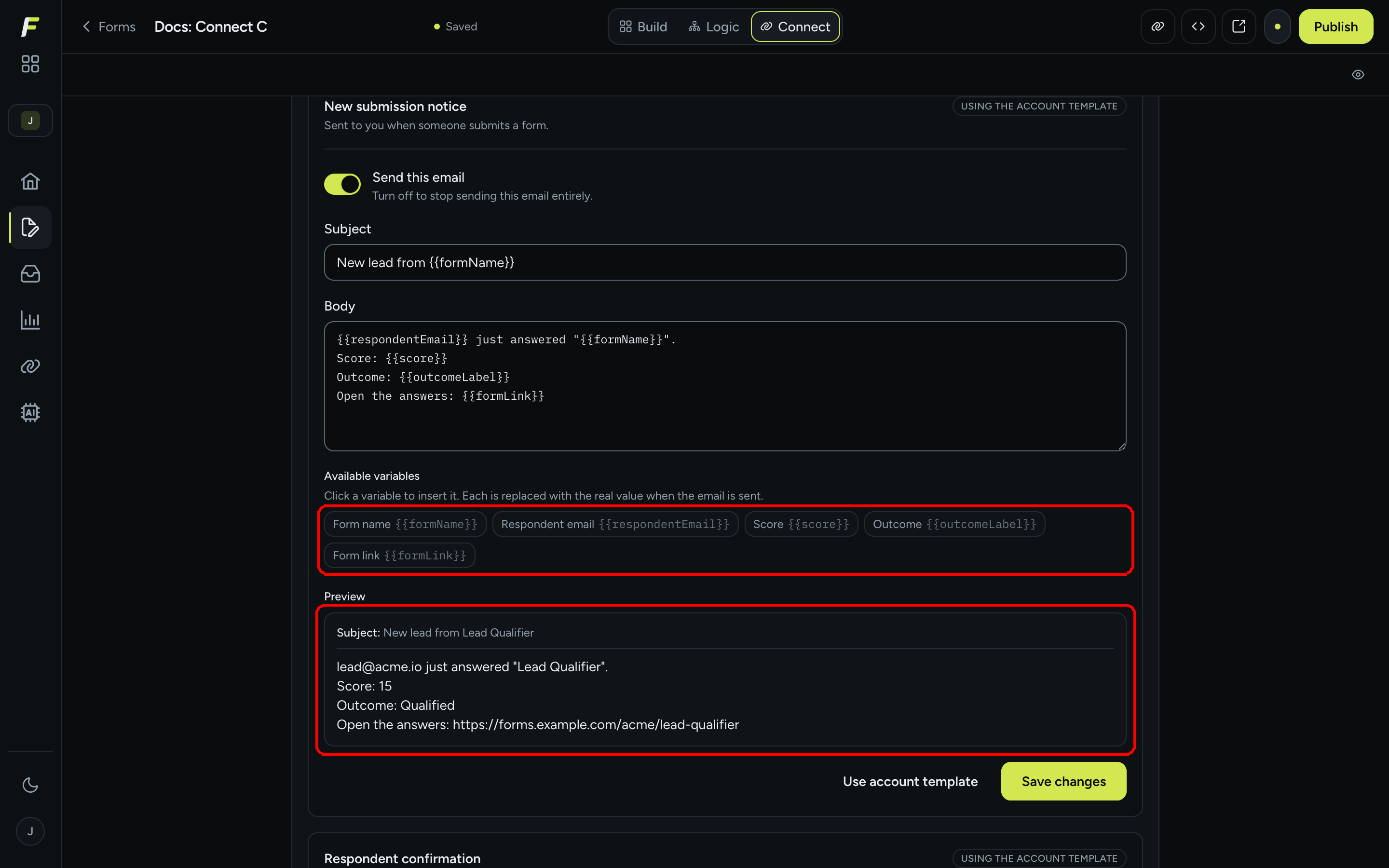 The Available variables buttons and the Preview panel showing the subject and body rendered with sample values