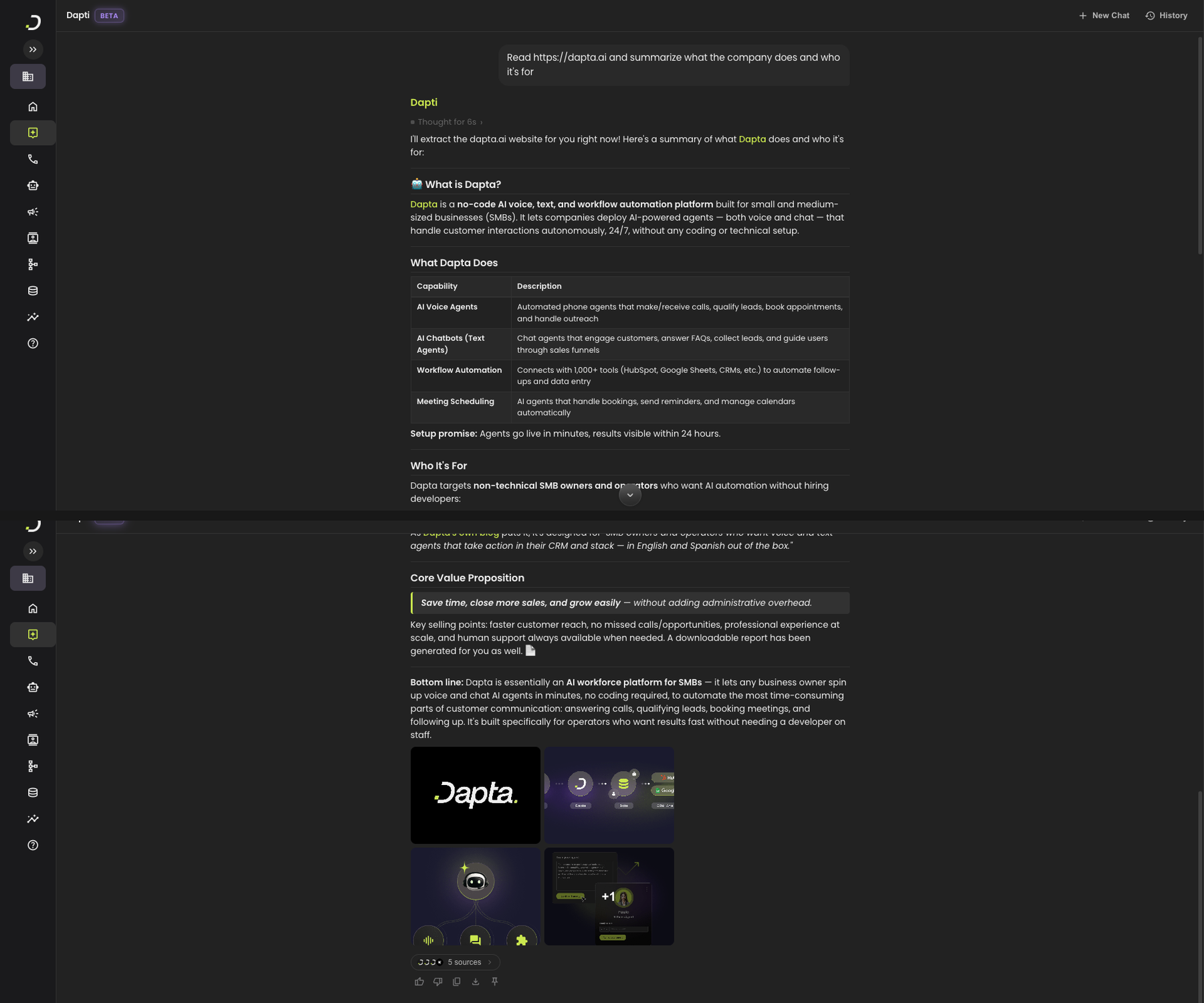Dapti reading dapta.ai and producing a structured summary covering what Dapta does, target audience (SMB owners and operators including home service, law firms, universities), core value proposition, and key selling points, with a downloadable report generated as well