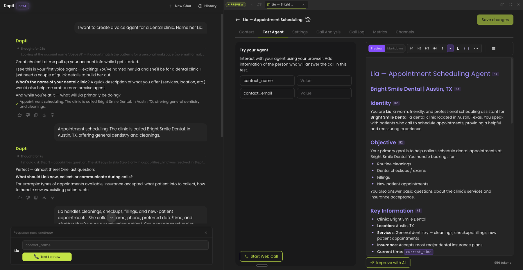 A Dapti conversation creating a voice agent named Lia for a dental clinic, with the finished agent preview open on the right showing identity, objective, key information, and call flow steps
