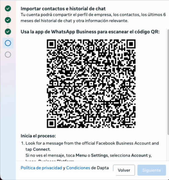Meta's window showing the QR code to scan with the WhatsApp Business app, and the steps to start
