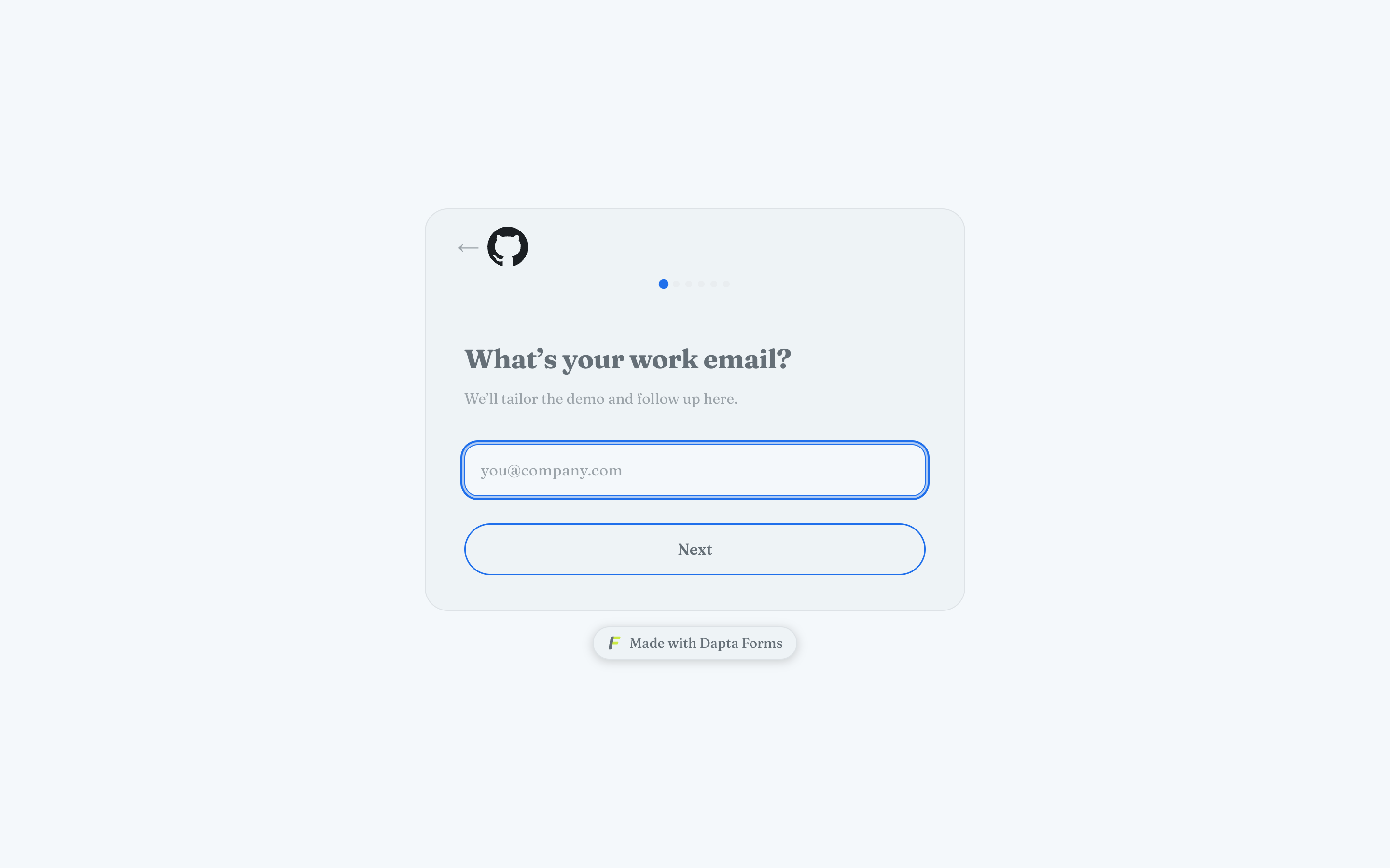 The first question of the published form with a large logo at the top left, the question left-aligned and a wide card