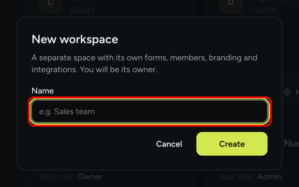 The New workspace dialog with a Name field, a Cancel button and a Create button