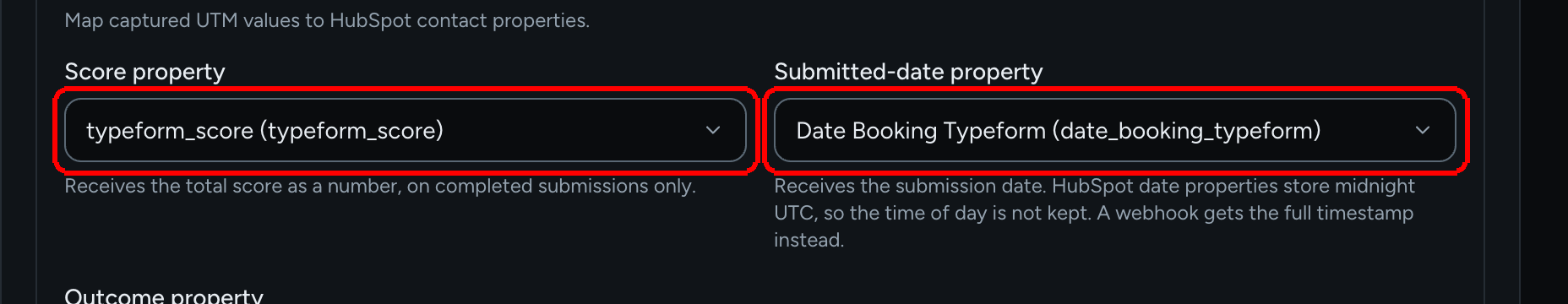 The Score property and Submitted-date property pickers side by side with their helper text
