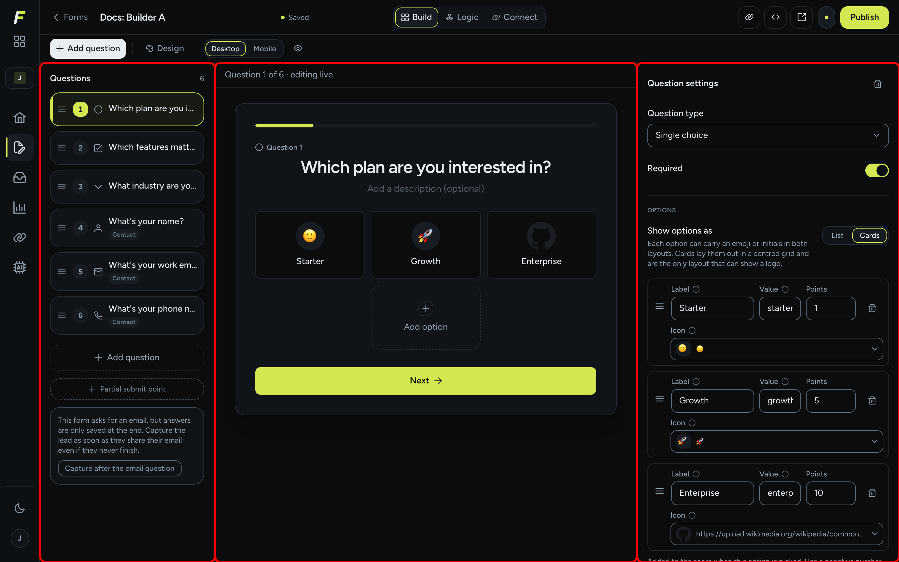 The form editor with the question list on the left, the live canvas in the centre and the Question settings pane on the right
