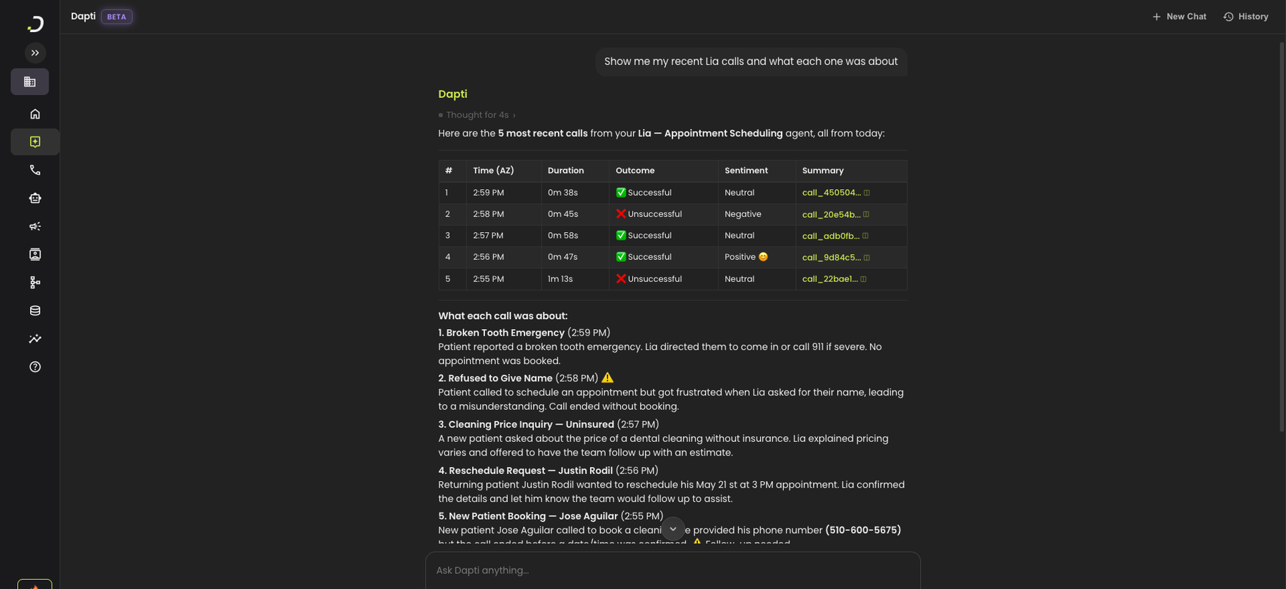 Dapti showing a table of 5 recent Lia calls with time, duration, outcome, sentiment, and call ID, followed by a plain-English summary of what each call was about including a flagged friction point on call 2