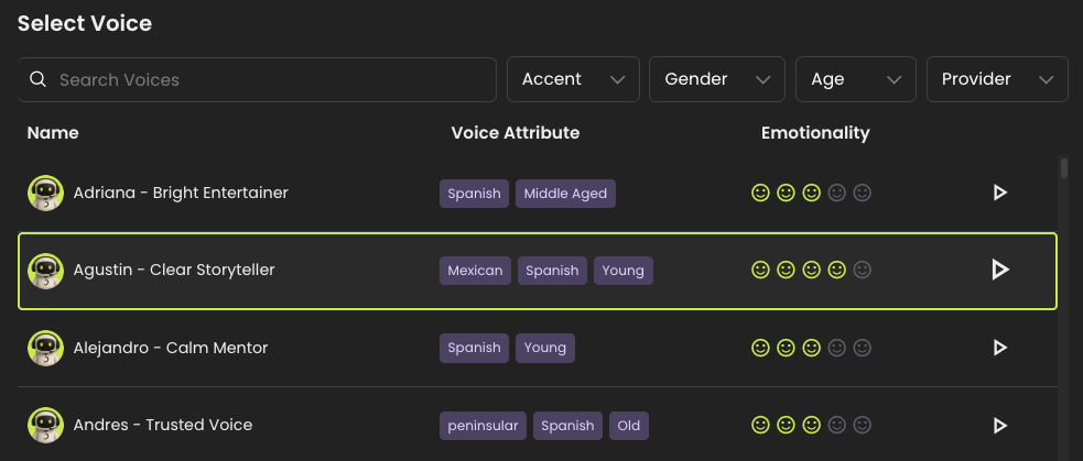 The Select Voice window showing the Emotionality column with filled face icons per voice