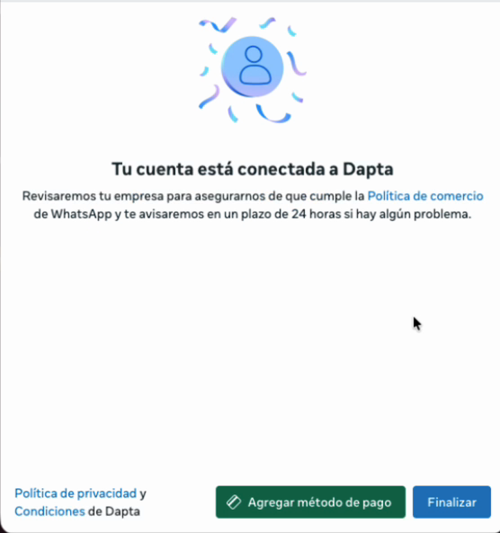 Meta's window confirming the account is connected to Dapta, with Add payment method and Finish buttons