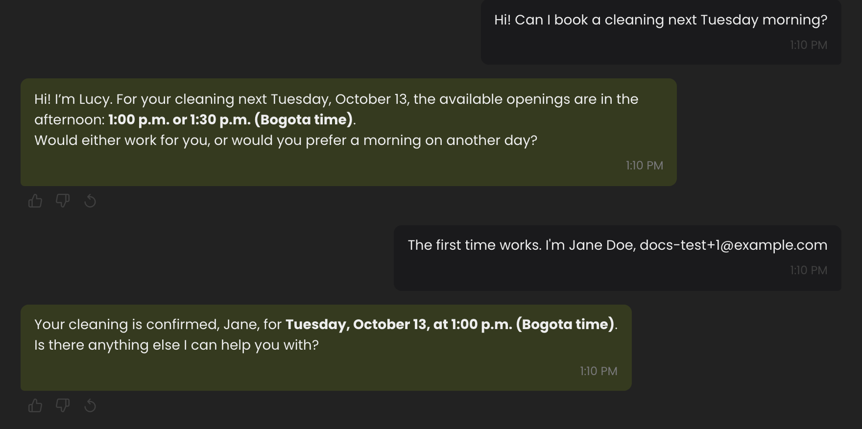 The agent confirming the appointment with its date, time and the email the confirmation goes to