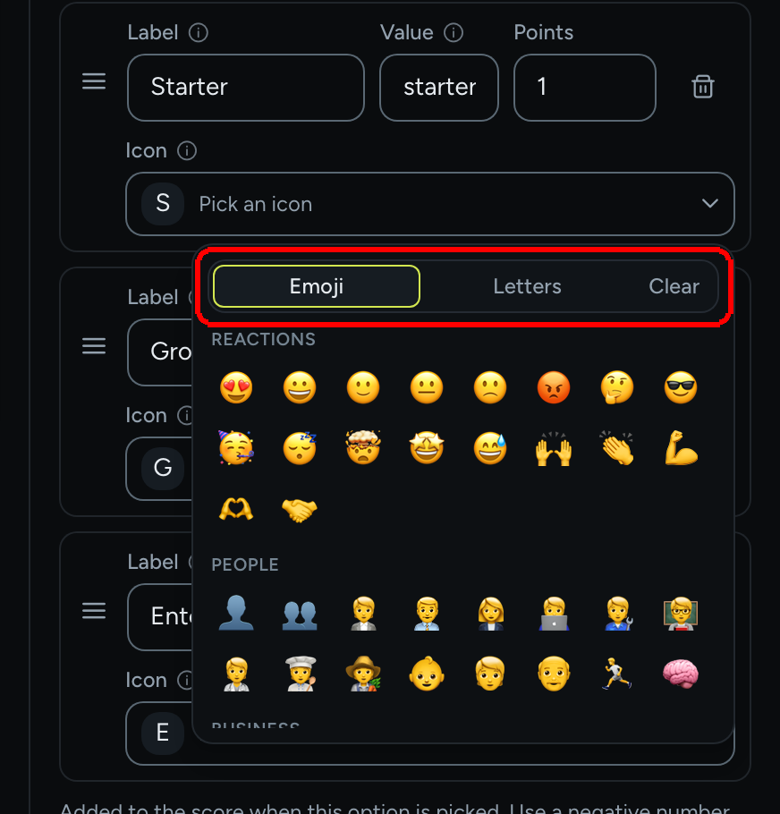The icon picker open with the Emoji tab selected, showing the Reactions and People emoji groups, and Letters and Clear next to it
