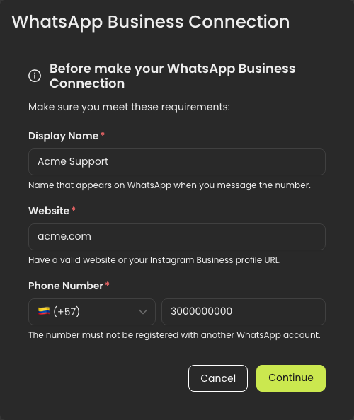 The WhatsApp Business Connection form with Display Name, Website and Phone Number filled in
