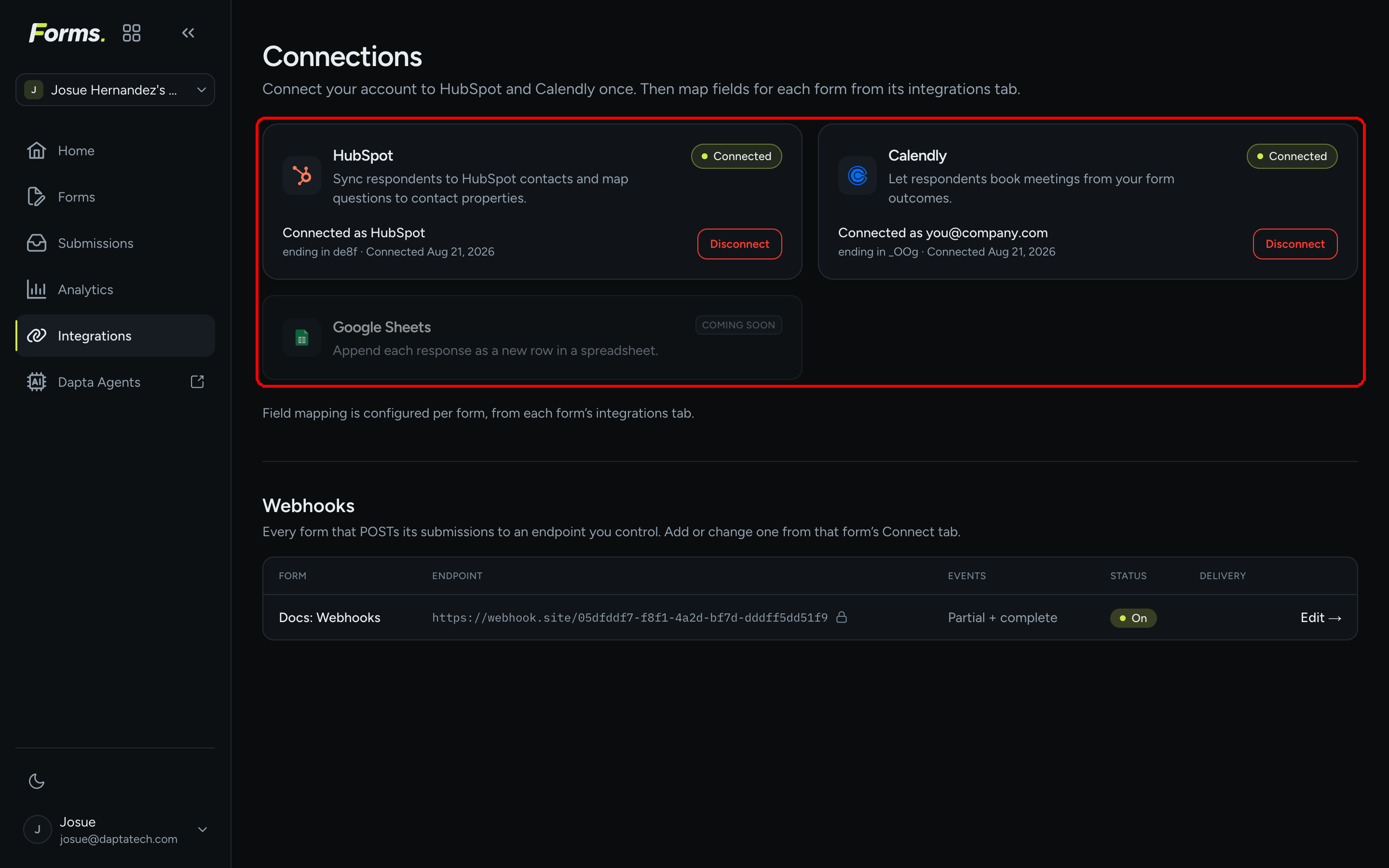 The Connections page with the HubSpot, Calendly and Google Sheets cards
