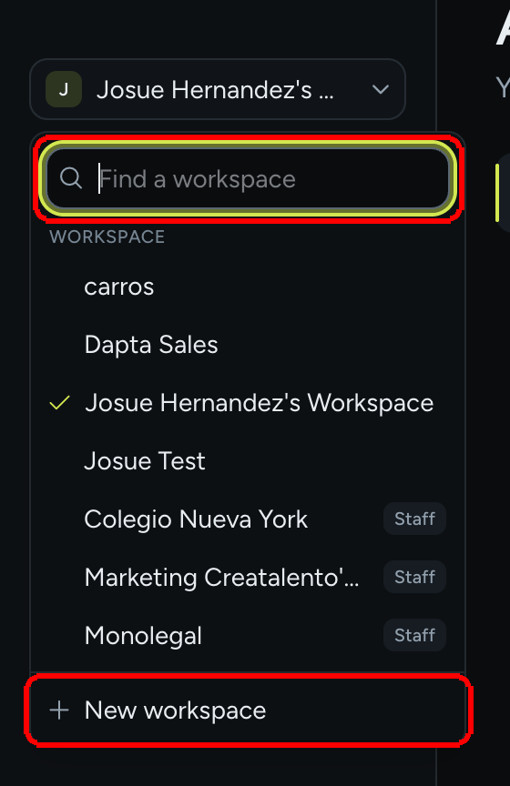 The workspace switcher open in the left menu, showing the Find a workspace box, the list of workspaces with a check mark on the current one and New workspace at the bottom