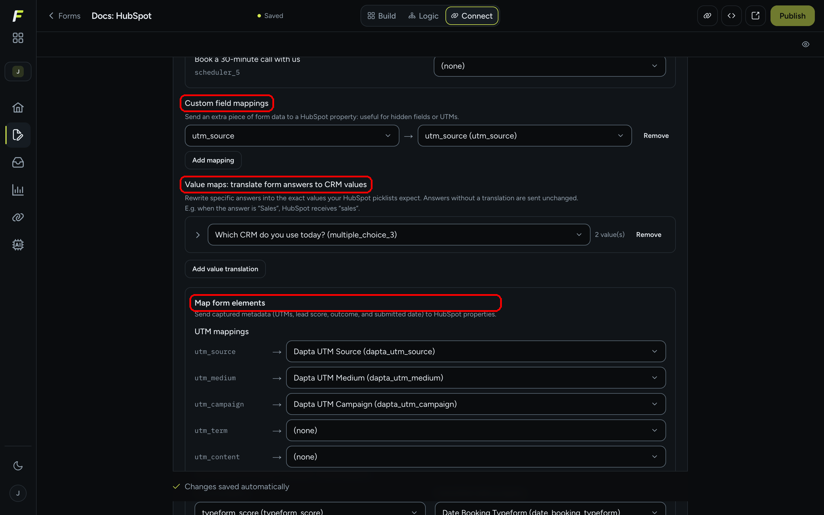 The HubSpot card scrolled to show the Custom field mappings, Value maps and Map form elements sections