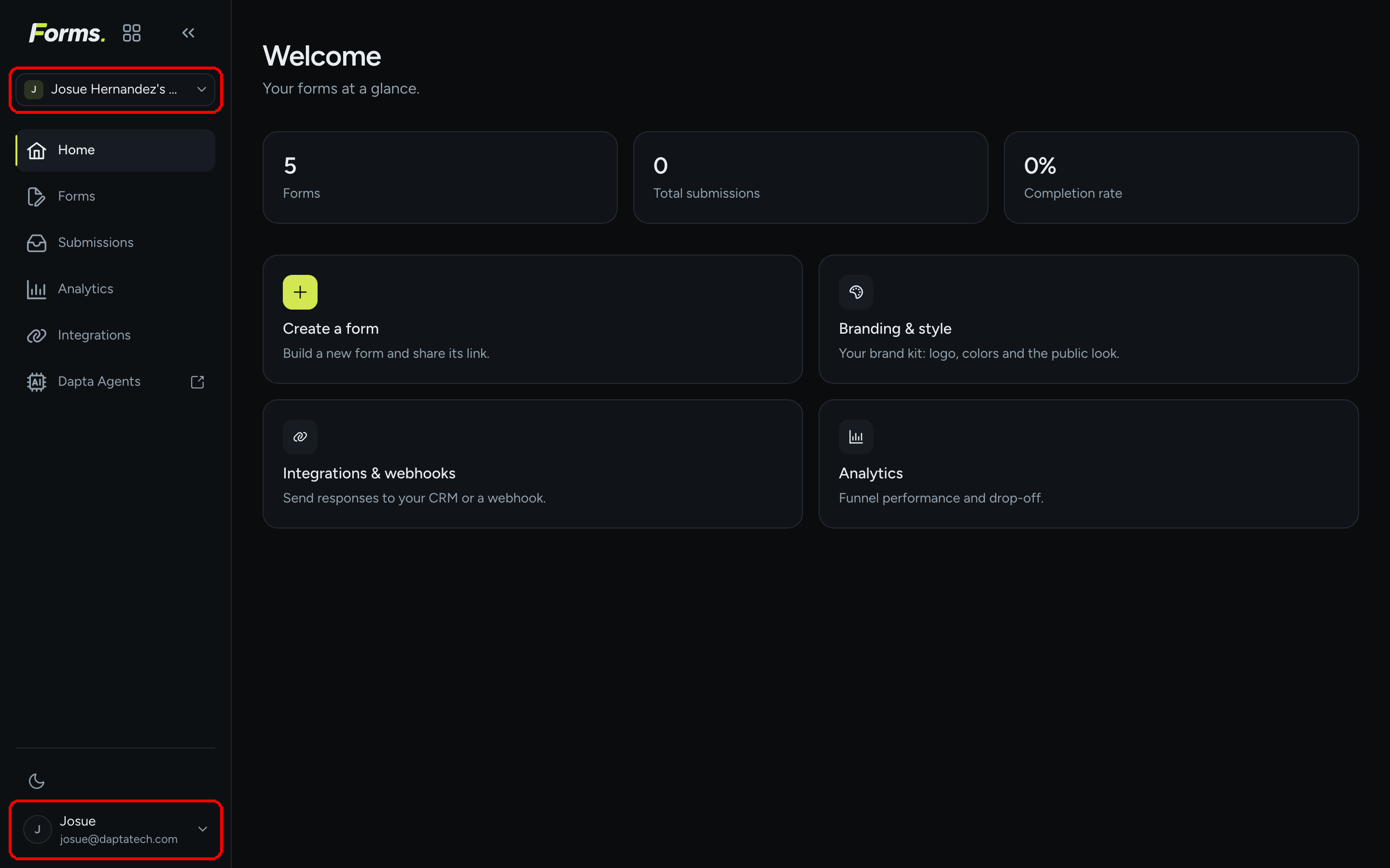 The Home screen after signing in, with the workspace switcher at the top of the left menu and the profile button at the bottom highlighted