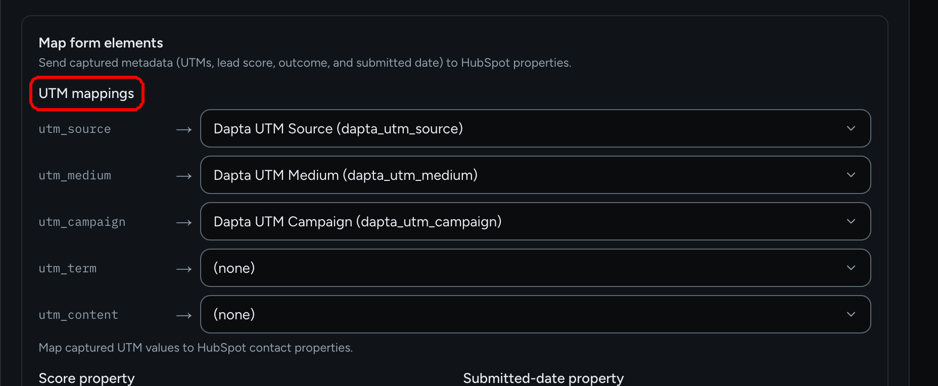 The UTM mappings block with rows for utm_source, utm_medium, utm_campaign, utm_term and utm_content, three of them pointing at HubSpot properties