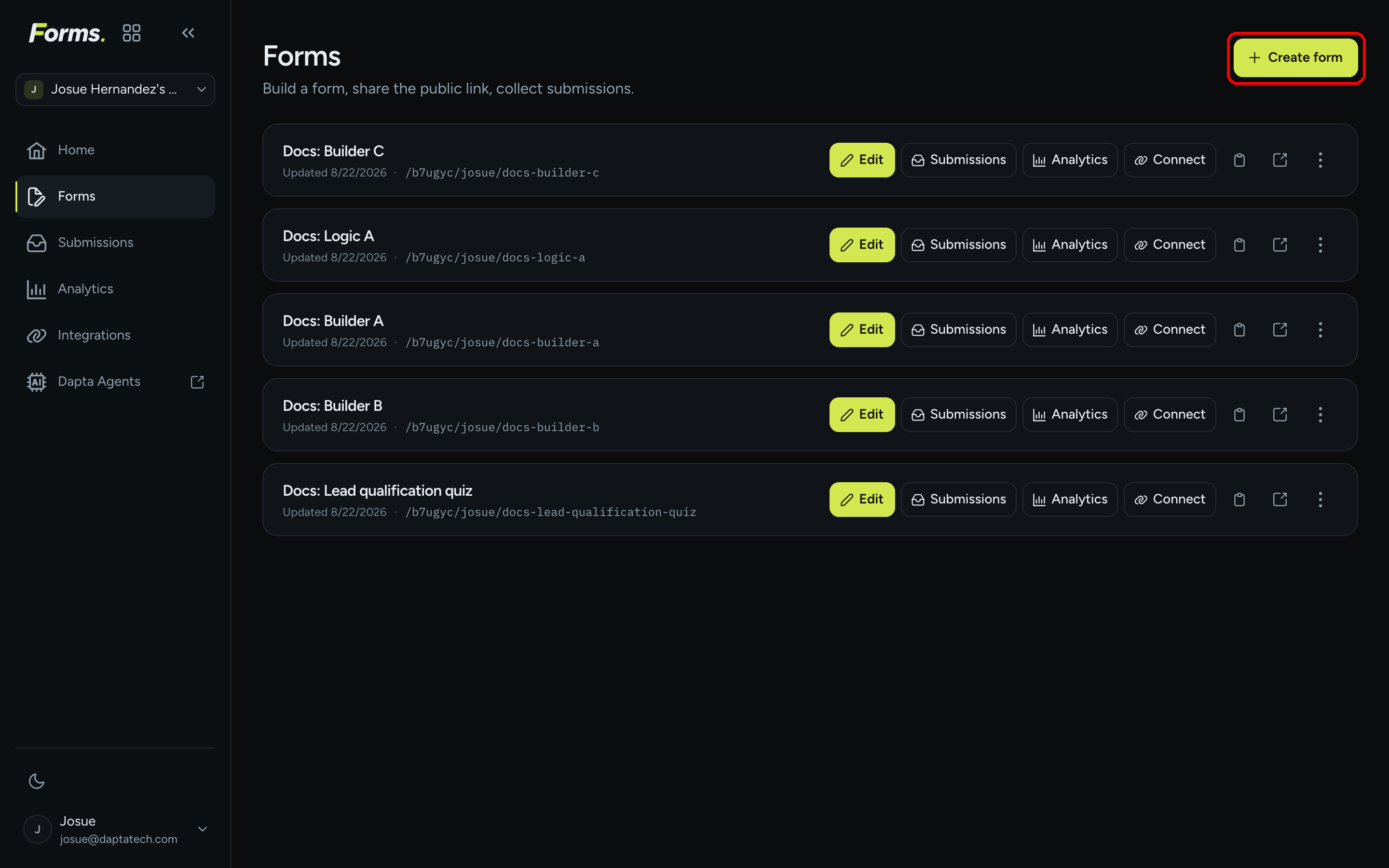 The Forms page listing several forms with the Create form button highlighted in the top right