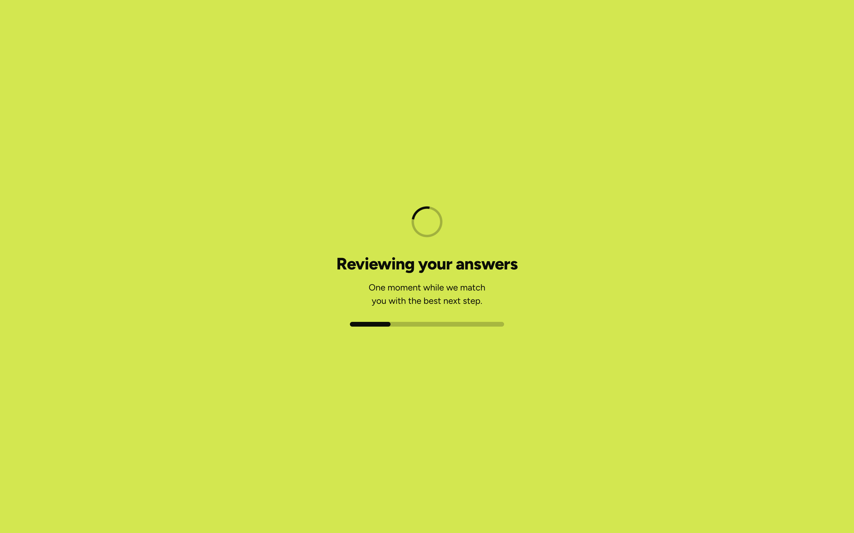 The public form playing a reveal screen: a spinner, the headline Reviewing your answers, a subtitle and a progress bar on a full accent colored background