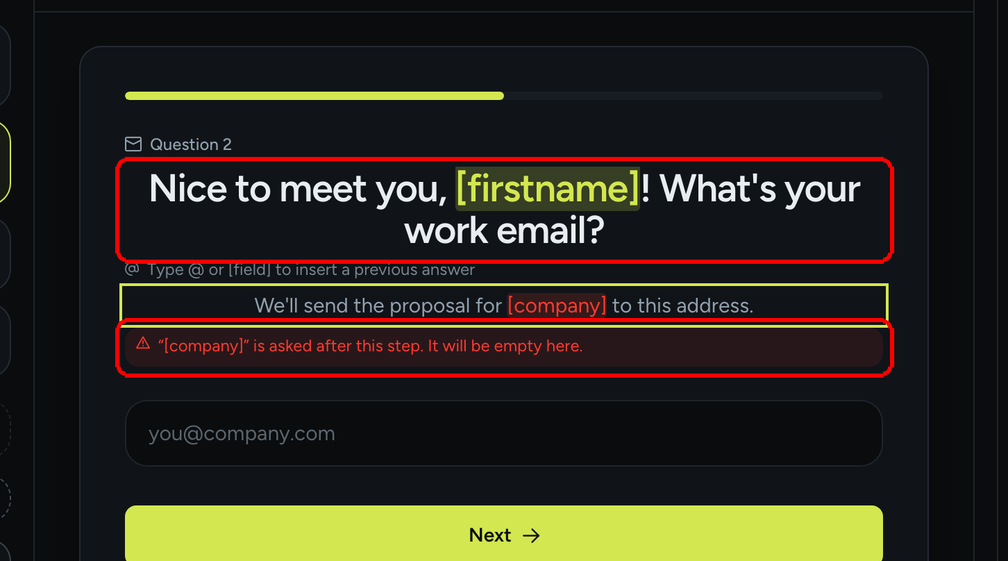 A question title with a [firstname] token and a description containing [company] with the warning: company is asked after this step. It will be empty here.
