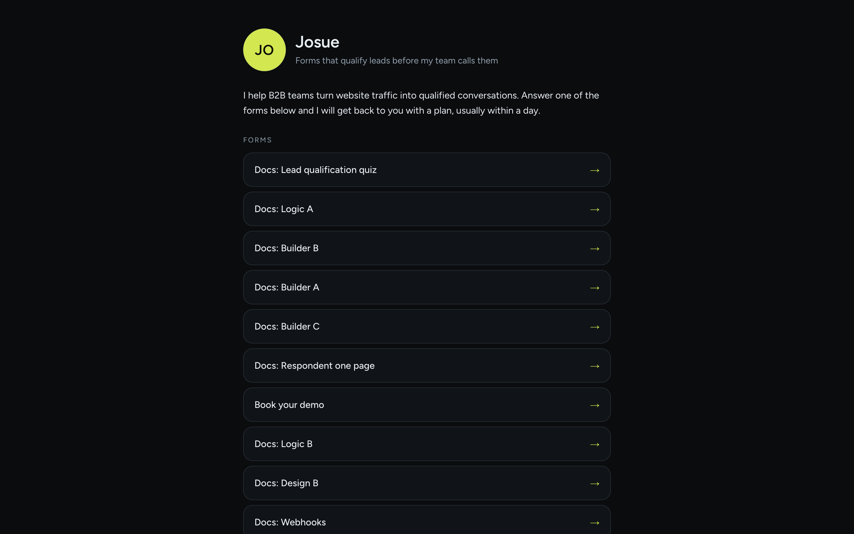 The live public page showing the name, headline, about paragraph and a list of published forms