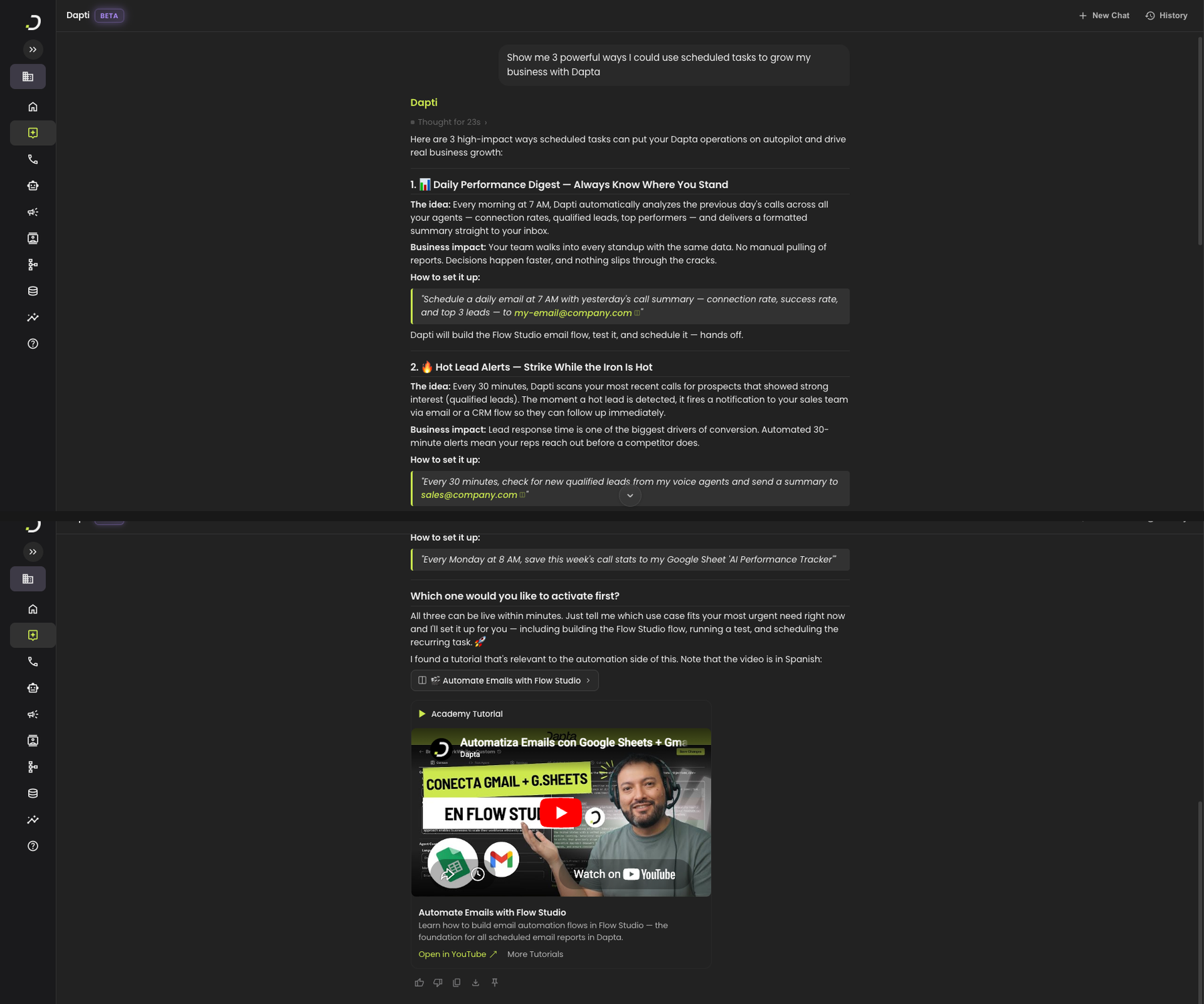 Dapti recommending 3 specific scheduling patterns including a daily call performance digest, a 30-minute hot-lead alert to sales, and a weekly ROI tracker that appends KPIs to a Google Sheet, each with business impact rationale and the exact prompt to activate them, plus a linked Academy tutorial on email automation