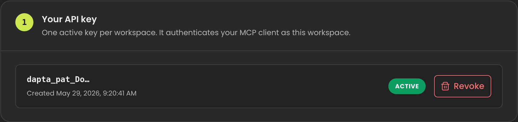 The MCP Access page showing an active key with a truncated prefix, an ACTIVE pill, and a Revoke button