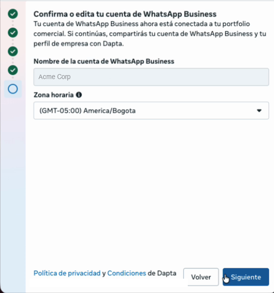Meta's window to confirm the WhatsApp Business account name and pick the time zone