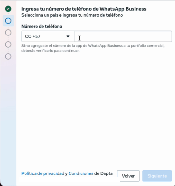 Meta's window asking for the WhatsApp Business phone number, with the country set to Colombia +57