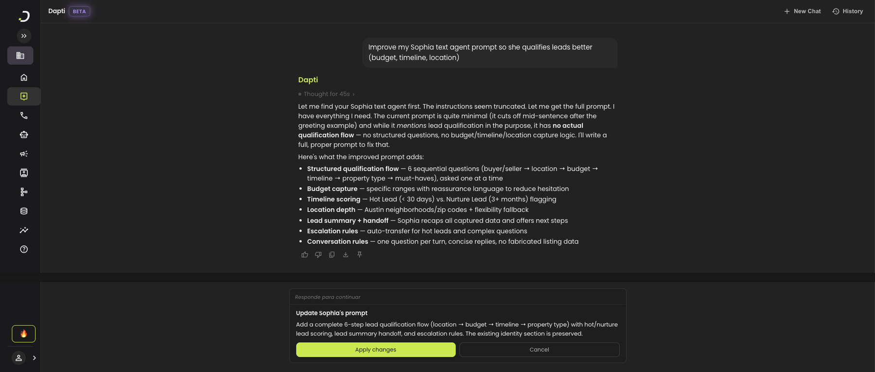 Dapti analyzing Sophia's prompt and proposing a structured lead-qualification flow covering budget, timeline, location, hot/nurture lead scoring, and escalation rules, with an Apply changes button