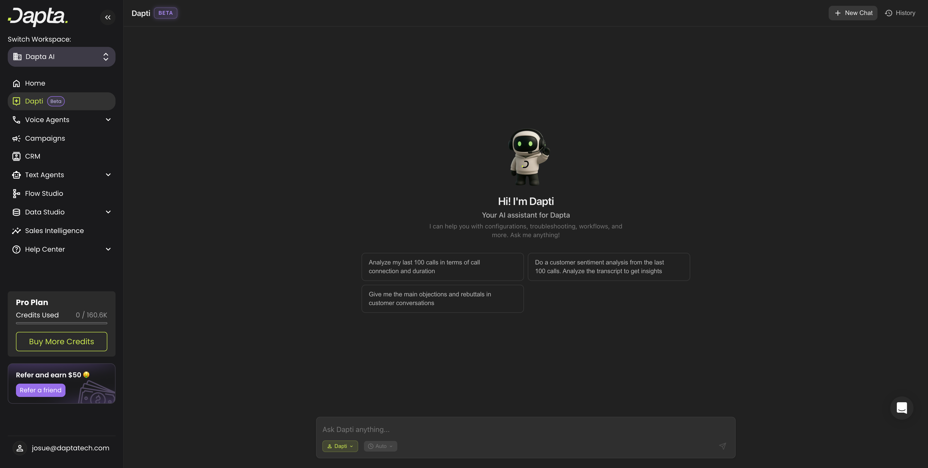 Dapti welcome screen with suggested prompts