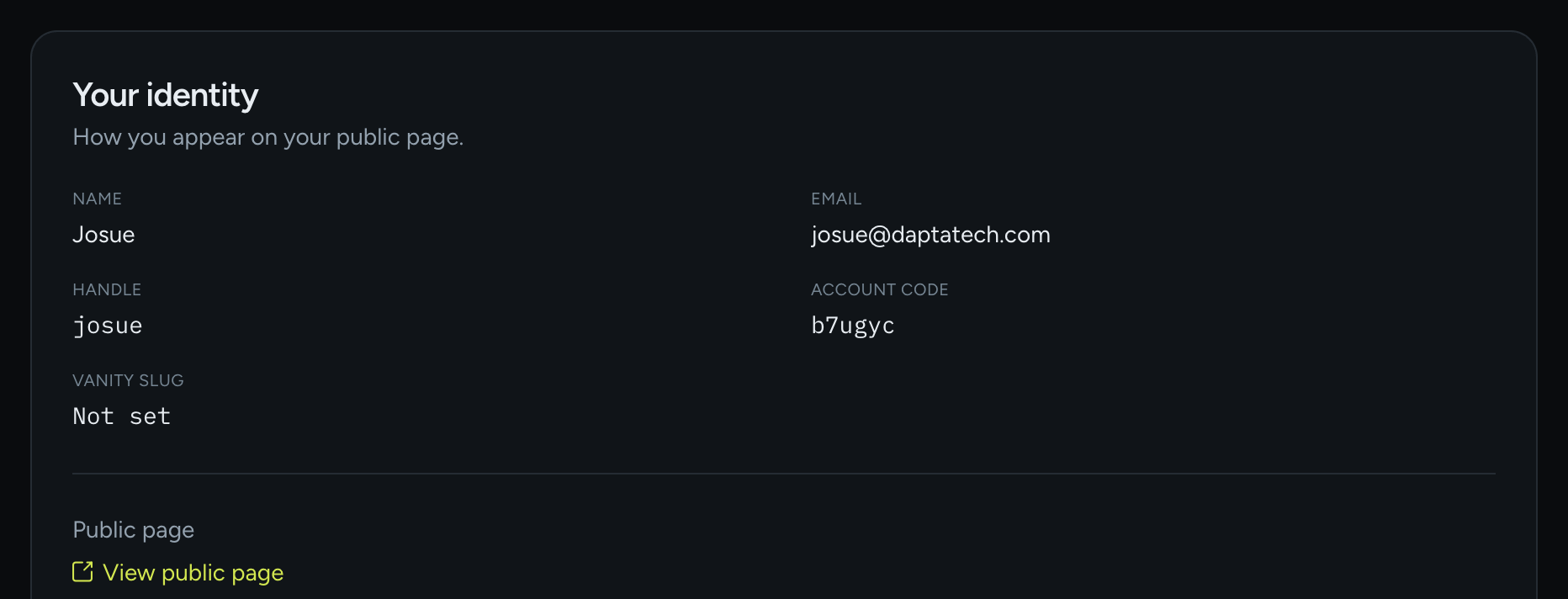 The Your identity card showing Name, Email, Handle, Account code and Vanity slug, with a View public page link
