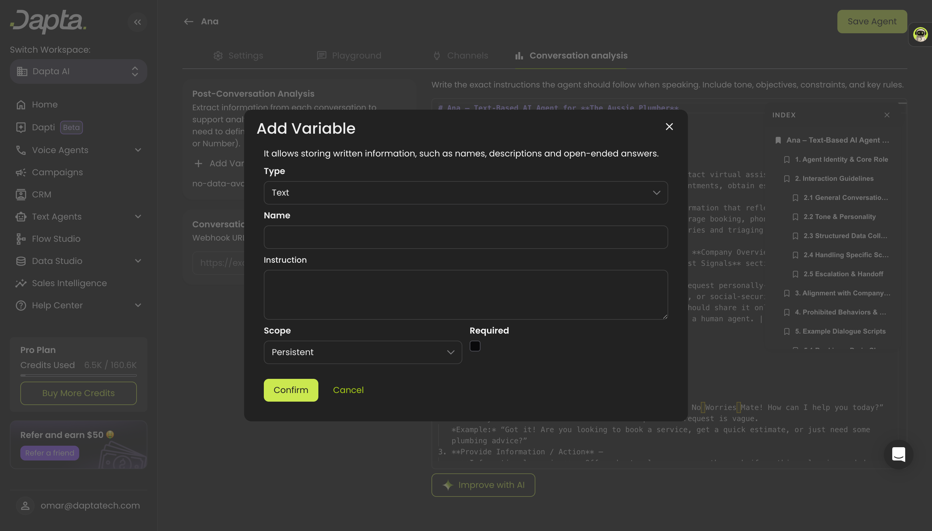 Add Variable modal showing Type, Name, Instruction, Scope and Required fields