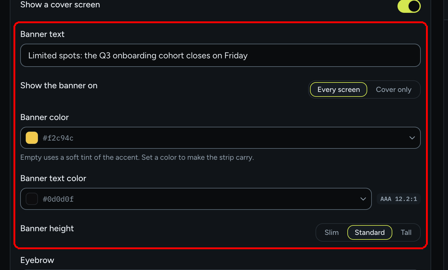The banner settings: Banner text, Show the banner on, Banner color, Banner text color and Banner height