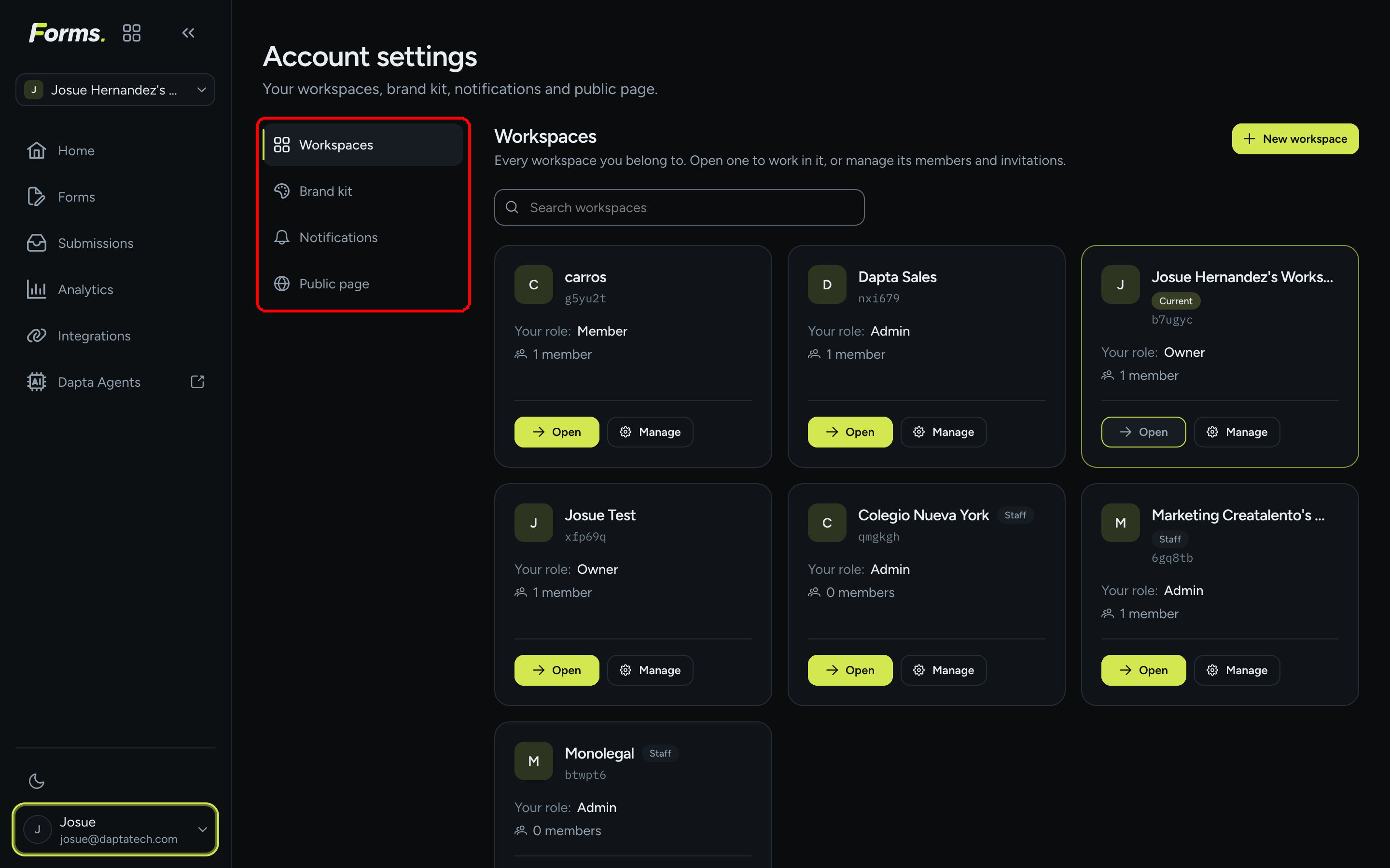 The Account settings page with the Workspaces, Brand kit, Notifications and Public page sub navigation highlighted on the left