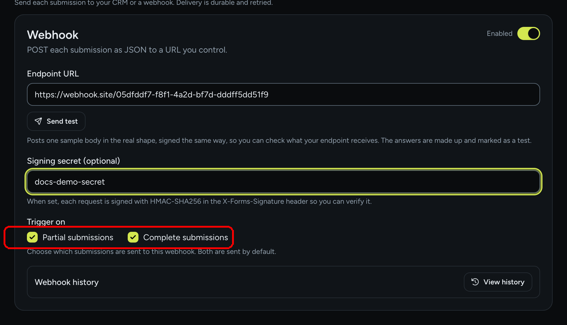 The Trigger on checkboxes for Partial submissions and Complete submissions