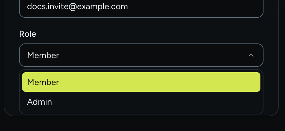 The Role select open in the Add a member dialog showing two options, Member and Admin