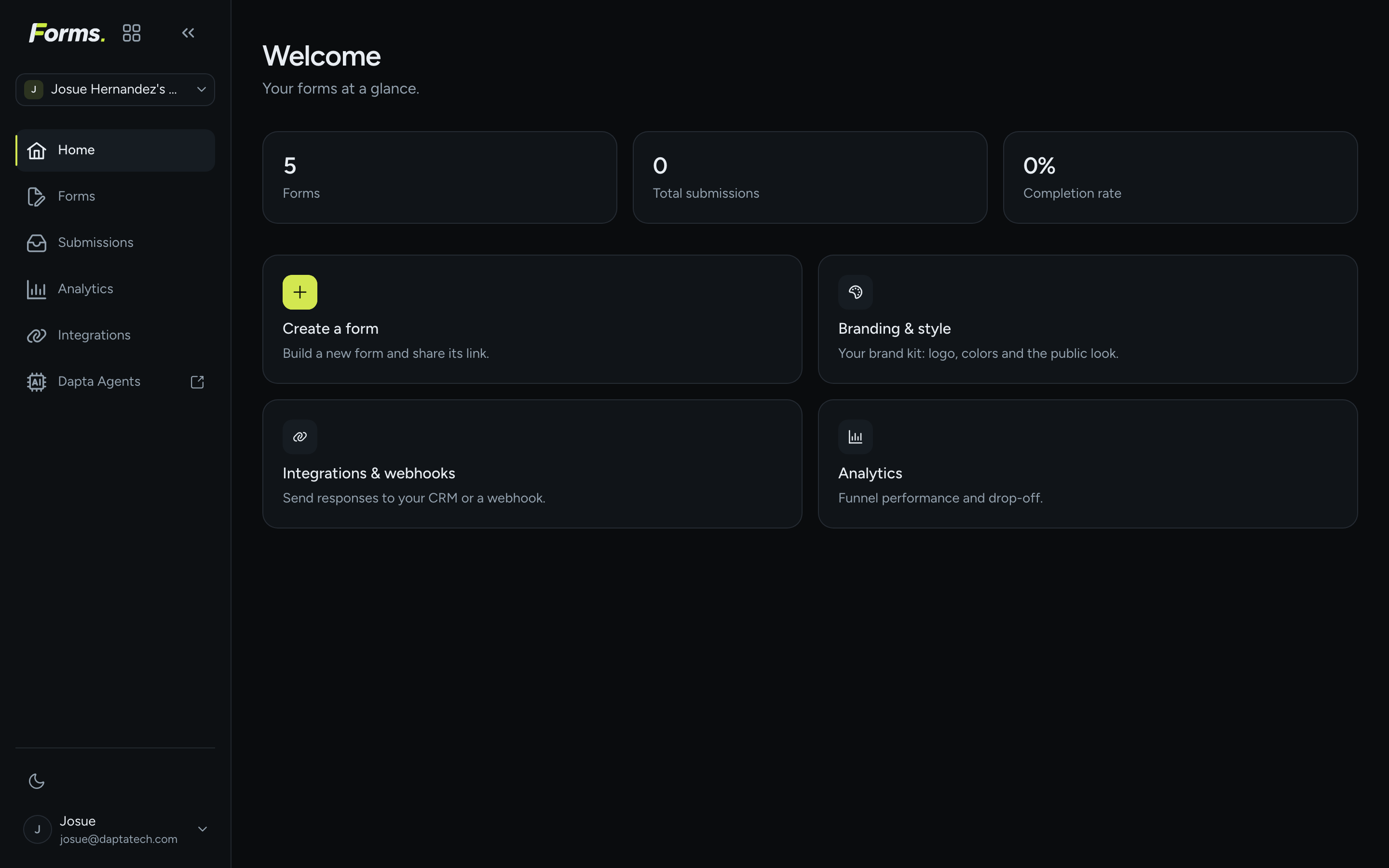 The Dapta Forms Home screen with the left menu, three stat tiles and four shortcut cards