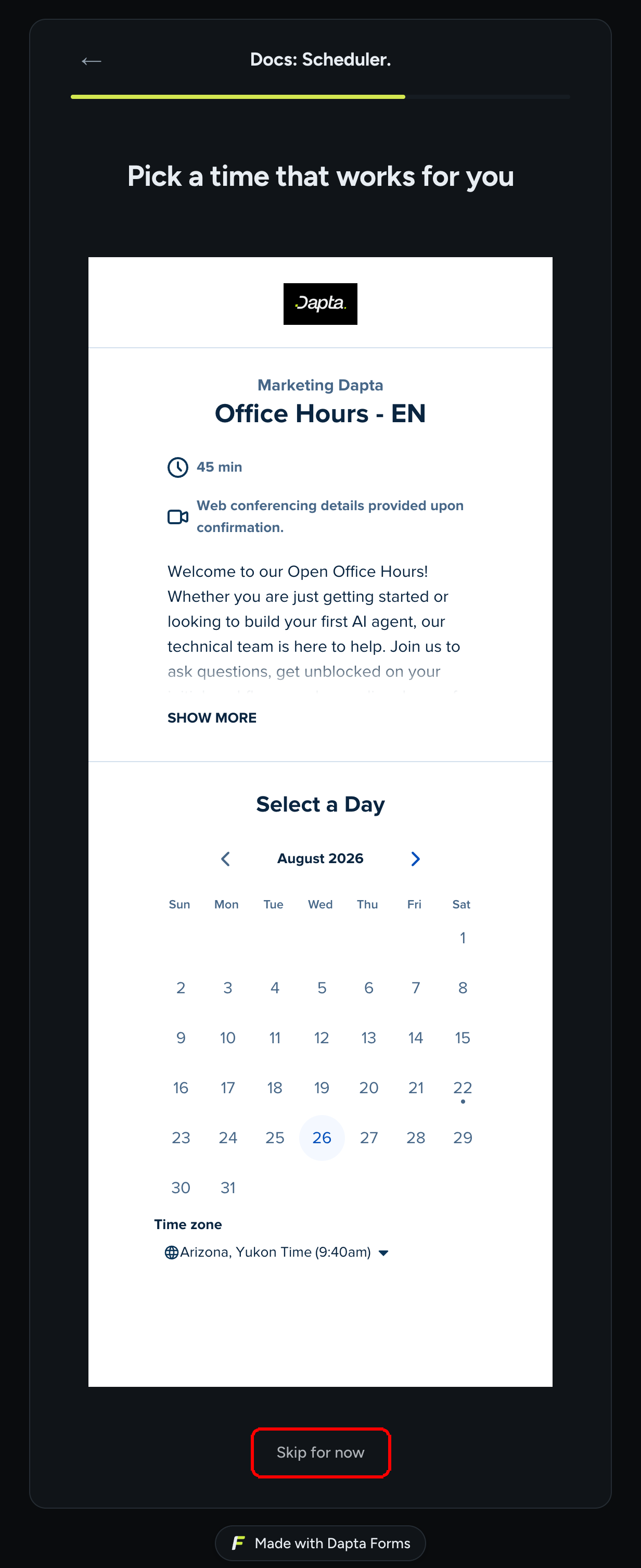The published form showing the embedded Calendly calendar and the Skip for now link
