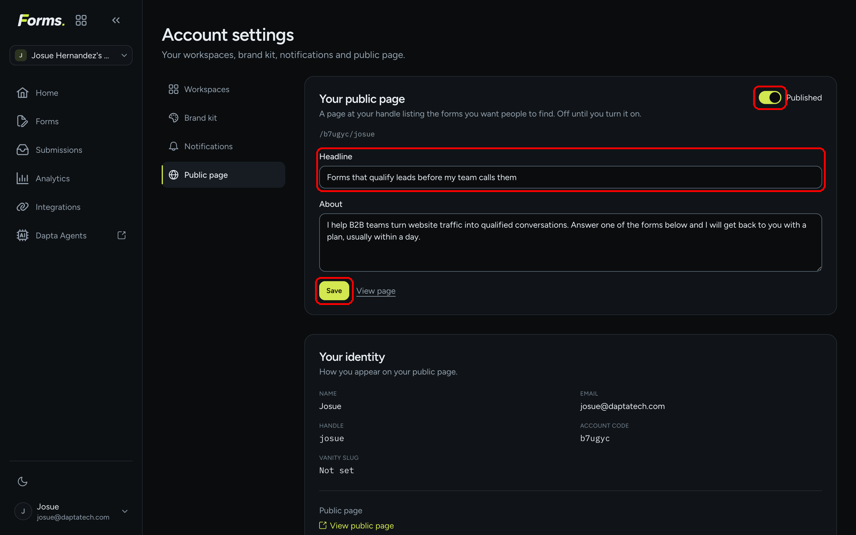 The Your public page card with the Published switch on, the Headline field, the About box and the Save button
