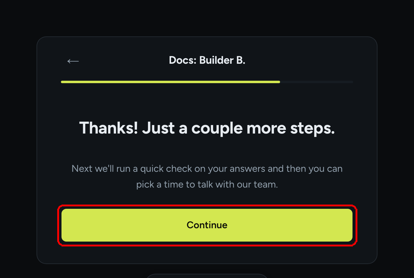 The live form showing a Message step with a title, a paragraph and a Continue button
