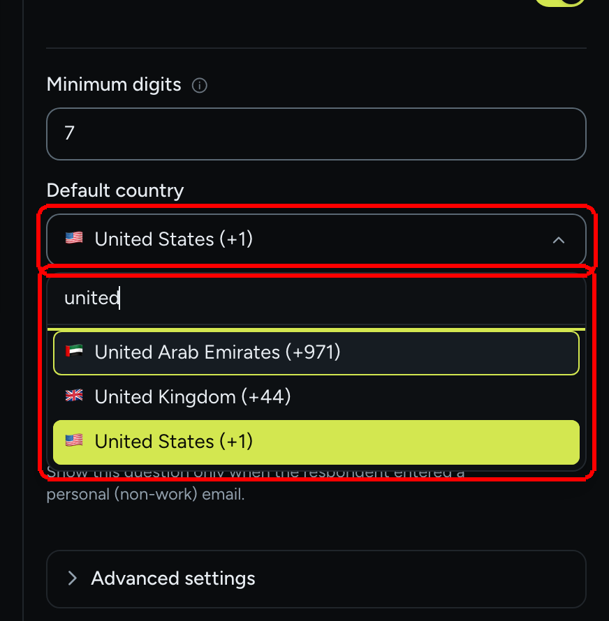 The Default country picker open with united typed in the search box and United Arab Emirates, United Kingdom and United States listed