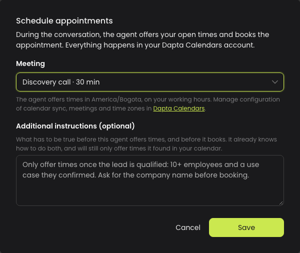 The Schedule appointments form with a meeting selected and additional instructions filled in