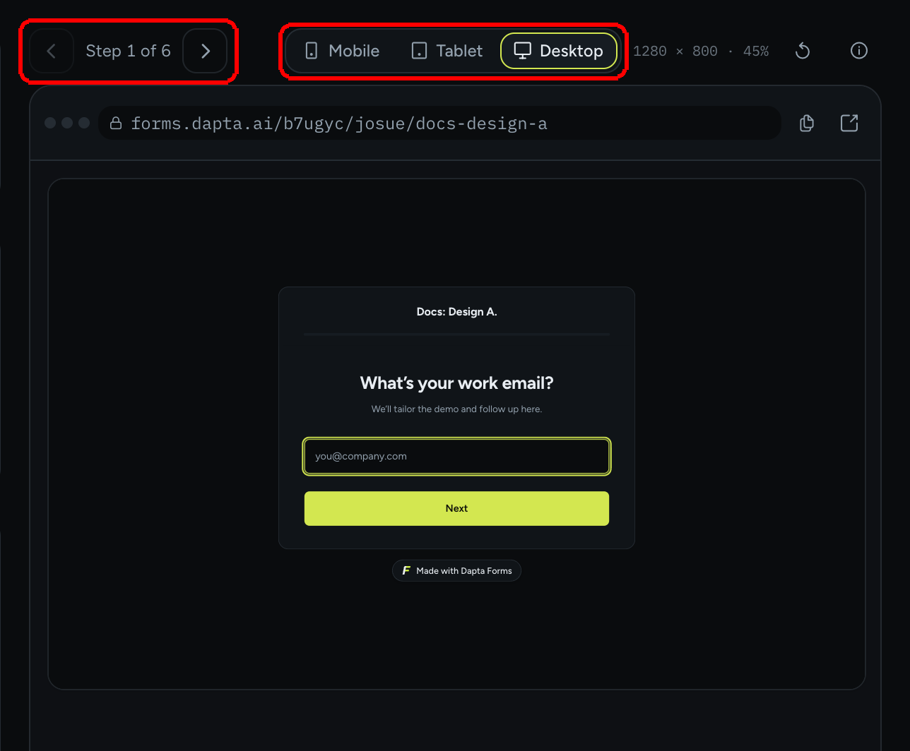 The preview column with the step arrows and the Mobile, Tablet and Desktop switch highlighted