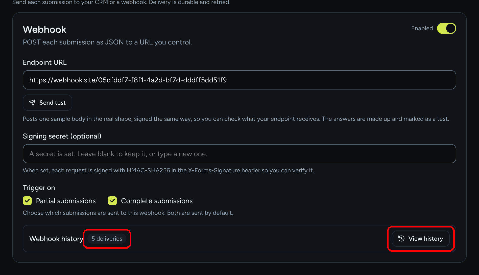 The Webhook history row with a 5 deliveries chip and the View history button